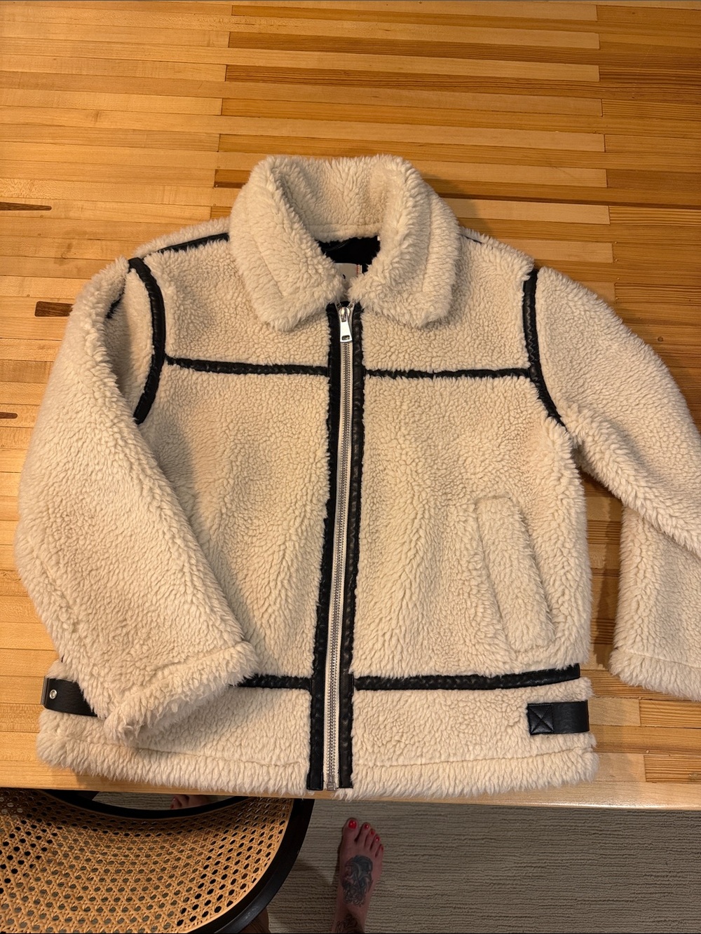 BDG Cream Sherpa Jacket with Black Faux Leather Trim